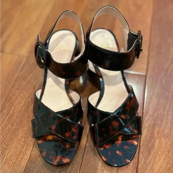J. Crew Brown Tortoise Shell Patent Leather Block Heel Sandals w/Buckle - W 6.5 - Picture 4 of 7